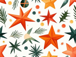 Colorful star and leaf pattern on a white background.,Seamless pattern