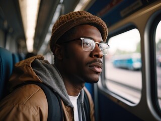 closeup of african man in the train.AI Generative