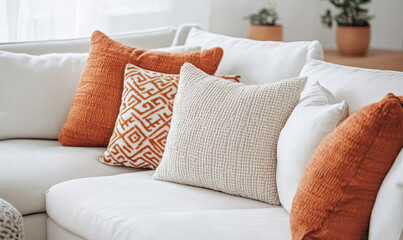 Close up of pillow set Modern Interior design, 3d rendering