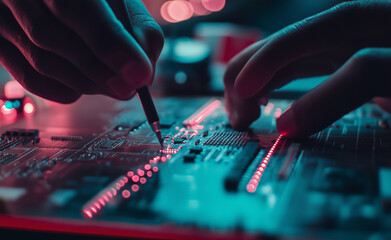 Hands working on a circuit board, with precision tools and glowing red and blue lights.