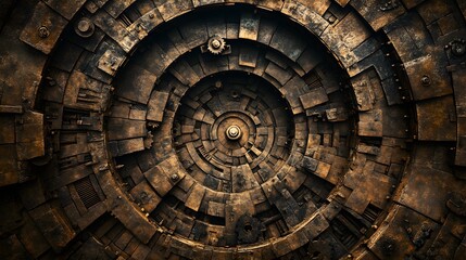 Fototapeta premium Steampunk-inspired labyrinth, gears and mechanical parts forming a circular path, sepia tones, intricate design, symbolic of self-discovery and enlightenment