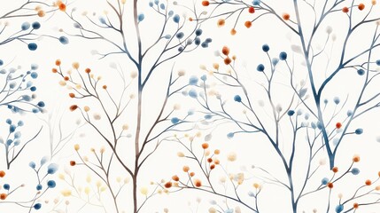 Elegant floral pattern with branches and colorful dots.,Seamless pattern