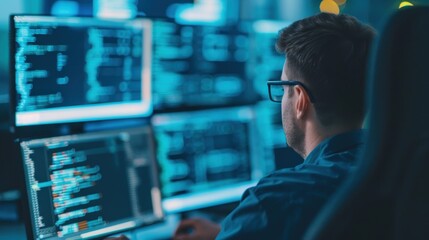 Software developer working on multiple computer screens