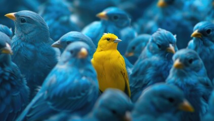 A yellow bird standing out in the middle of blue birds, a concept of bravery to stand up amount the others and loneliness