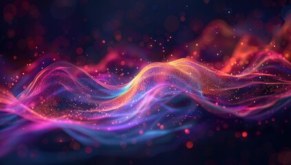 A digital artwork of colorful sound waves on a black background, representing the concept of audio waves in music production and rendering. Virtual energy wave backdrop