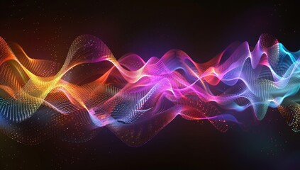 Fototapeta premium A digital artwork of colorful sound waves on a black background, representing the concept of audio waves in music production and rendering. Virtual energy wave backdrop