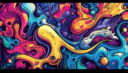 Naklejka premium A vibrant cartoon-style graffiti pattern featuring abstract shapes and characters, with bold colors and dynamic lines creating an energetic atmosphere, focusing on faces.