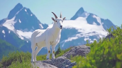 Obraz premium A white mountain goat stands on a rocky outcropping with snow-capped mountains in the background.