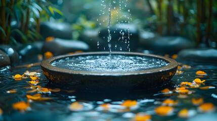 Water Dropping into Stone Basin with Petals - Photo