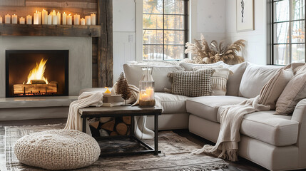 interior design concept. Cozy living room with a fireplace, oversized sectional sofa, and soft throw blankets, creating a warm and inviting retreat.