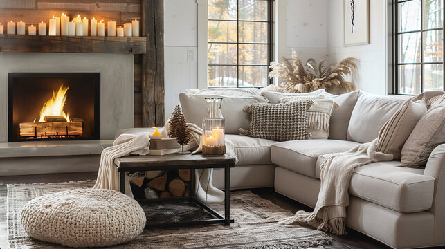 interior design concept. Cozy living room with a fireplace, oversized sectional sofa, and soft throw blankets, creating a warm and inviting retreat.