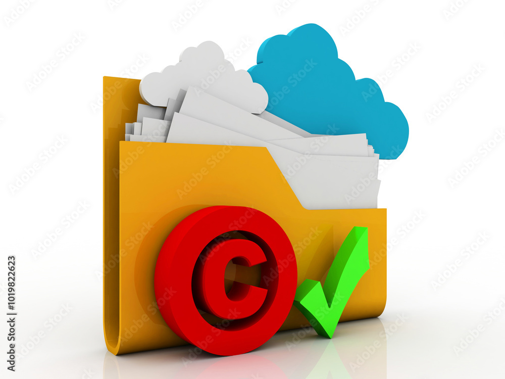 Aufkleber 3d rendering yellow folder and copyright near tick. data security concept
