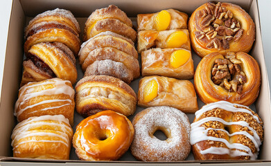 A variety of delicious pastries and baked goods arranged in a box, topped with fruits and icing. 