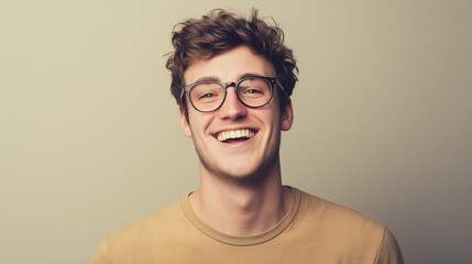 Fototapeta premium A smiling young man wearing glasses and a white t-shirt against a plain light background.
