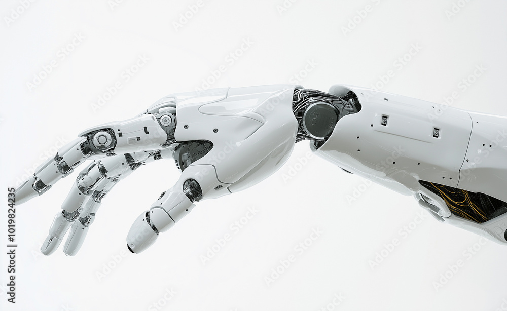 Poster a robotic arm with advanced mechanics and sleek white design reaching forward.
