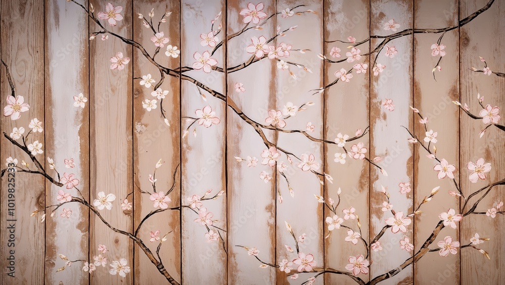 Canvas Prints Pink cherry blossoms painted on a wood plank background.