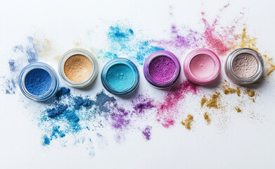 Five colorful eyeshadow pigments in open jars, with scattered powder on a white background.
