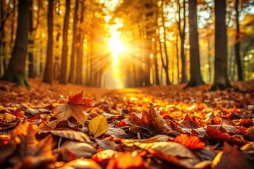 Autumn forest with falling leaves and sunlight