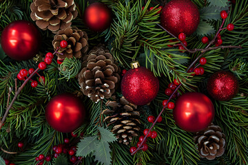 Festive Christmas arrangement featuring red ornaments, pinecones, and greenery, creating warm and joyful holiday atmosphere. Perfect for seasonal decorations