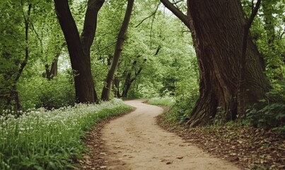 Obraz premium A winding dirt path through a lush green forest.