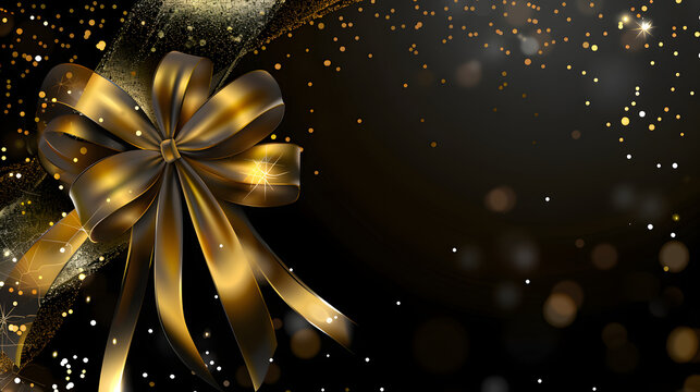 Luxurious golden bow on dark background with sparkling lights creates elegant atmosphere perfect for celebrations. Ideal for invitations or festive promotions