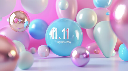 11.11 celebration, colorful pastel balloons in pink, white and blue, sale concept