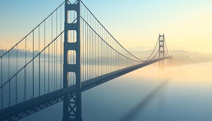 Obraz premium Majestic Suspension Bridge Rising Above the Mist at Sunrise