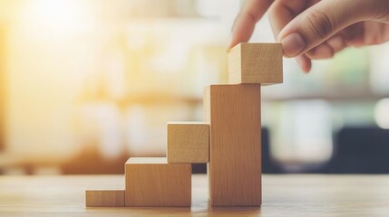 Business growth success achievement concept, hand arranging wooden block stacking as step stair or ladder for planning development leadership and customer target group concept. 