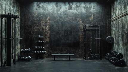 The high-definition dark concrete gym wall background creates a strong industrial atmosphere. Suitable for fitness related designs, featuring rough textures and minimalist style in fitness scenes.