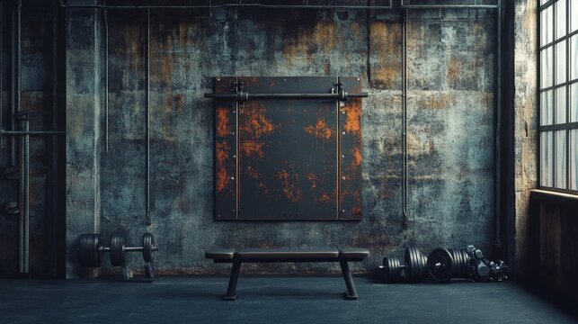 The high-definition dark concrete gym wall background creates a strong industrial atmosphere. Suitable for fitness related designs, featuring rough textures and minimalist style in fitness scenes.