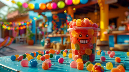 Fototapeta premium Colorful Gummy Candies in Plastic Cup on Blue Table with Party Lights in Background - Realistic Image