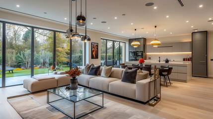 interior design concept. Open-plan living room with a seamless flow to the kitchen, featuring a modular sofa, sleek glass coffee table, and pendant lighting over a large dining table.