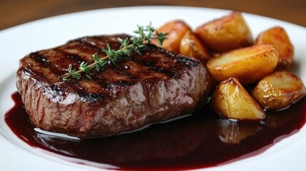A rare steak served on a white plate with a fresh garnish of thyme, roasted potatoes, and a rich red wine sauce
