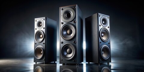 Obraz premium Multimedia acoustic sound speakers with two satellites and subwoofer on dark background , sound speakers