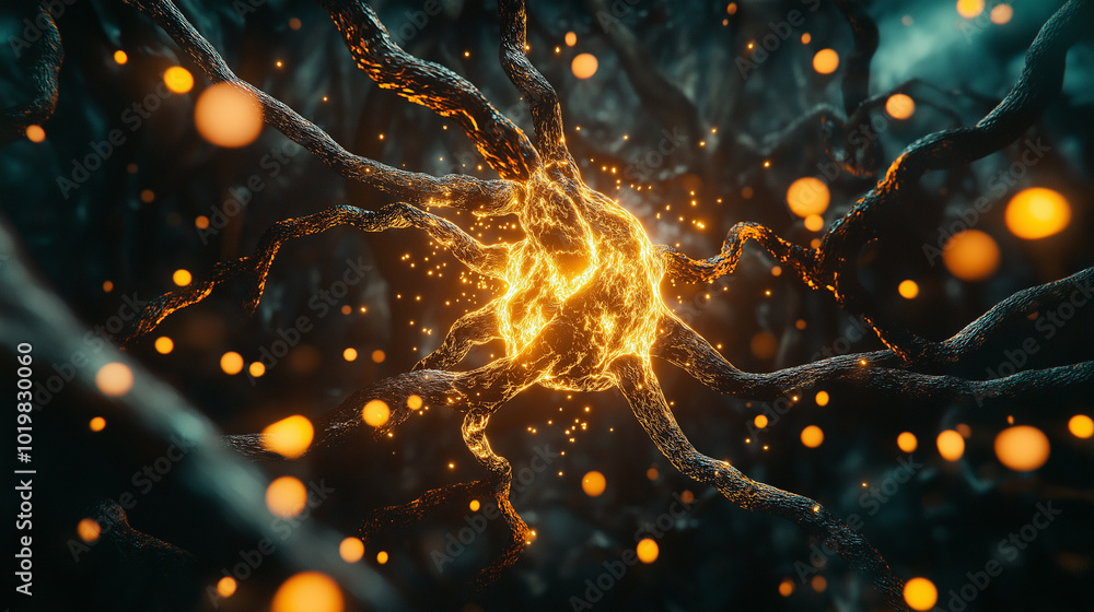 Poster a neural network glowing with electrical impulses, representing brain activity or ai technology.