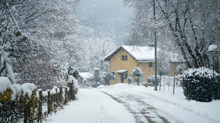Serene winter landscape with fresh snowfall covering pine trees and mountain peaks in a tranquil forest setting