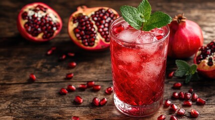 A refreshing glass of pomegranate juice with ice and mint garnish, set on a wooden table with fresh pomegranates and seeds scattered around
