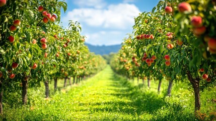 Fototapeta premium A row of peach trees in an orchard, their branches heavy with ripe fruit, set against the backdrop of a bright blue sky