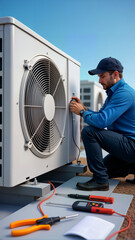A technician is inspecting an air conditioning unit on a rooftop, using specialized tools for maintenance. This image is ideal for HVAC services, repair guides, or home improvement promotion