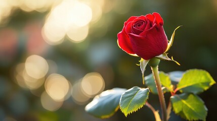 Obraz premium A single red rosebud beginning to bloom, with soft, velvety petals glowing in the morning sunlight, against a backdrop of green leaves --chaos 10