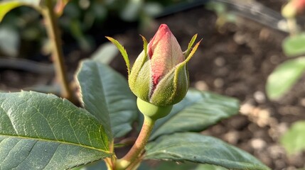 A single red rosebud beginning to bloom, with soft, velvety petals glowing in the morning sunlight, against a backdrop of green leaves --chaos 10