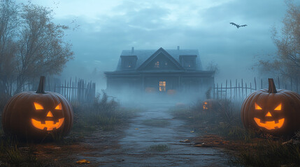 A spooky, misty path leads to a haunted house with jack-o-lanterns. Perfect for Halloween themes.