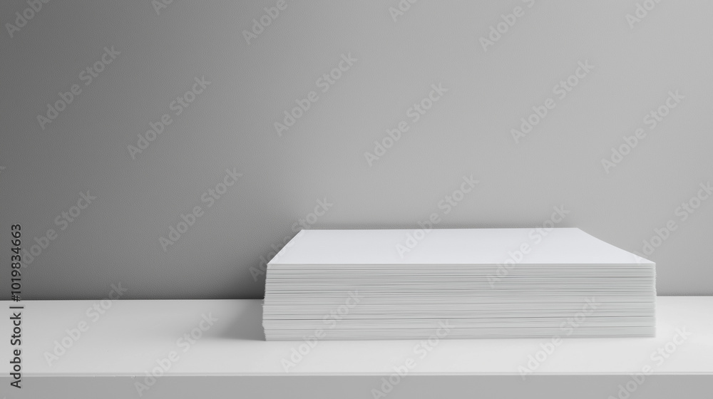 Poster a minimalist arrangement of white pages stacked on a surface with soft light and shadows.
