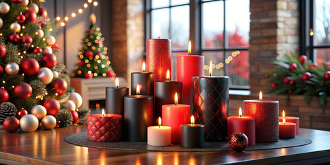 Fototapeta premium Red and black festive candles glowing in a holiday room, 3D illustration