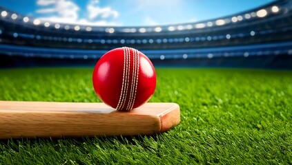  Close-up of red cricket ball and bat sitting on grass stock photo stadium in background