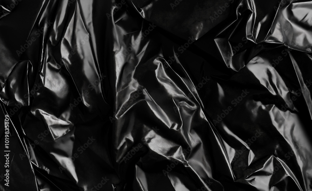Aufkleber a wrinkled and glossy black plastic material forming abstract patterns and textures.
