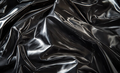 A wrinkled and glossy black plastic material forming abstract patterns and textures.