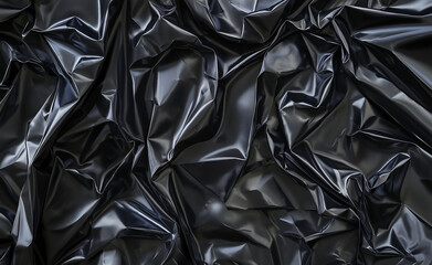 A wrinkled and glossy black plastic material forming abstract patterns and textures.