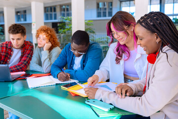 College homework and learning class lesson studying in the college library. Concept of university life.