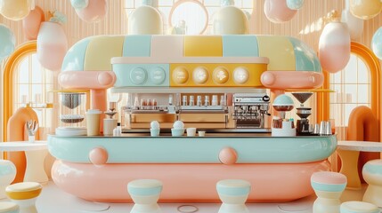 aerial photo of big futuristic coffee cart , pastel colors, absurdist installations, magic vibe. 3D render. cinematic, high realistic. highly detailed, high resolution for magazine.